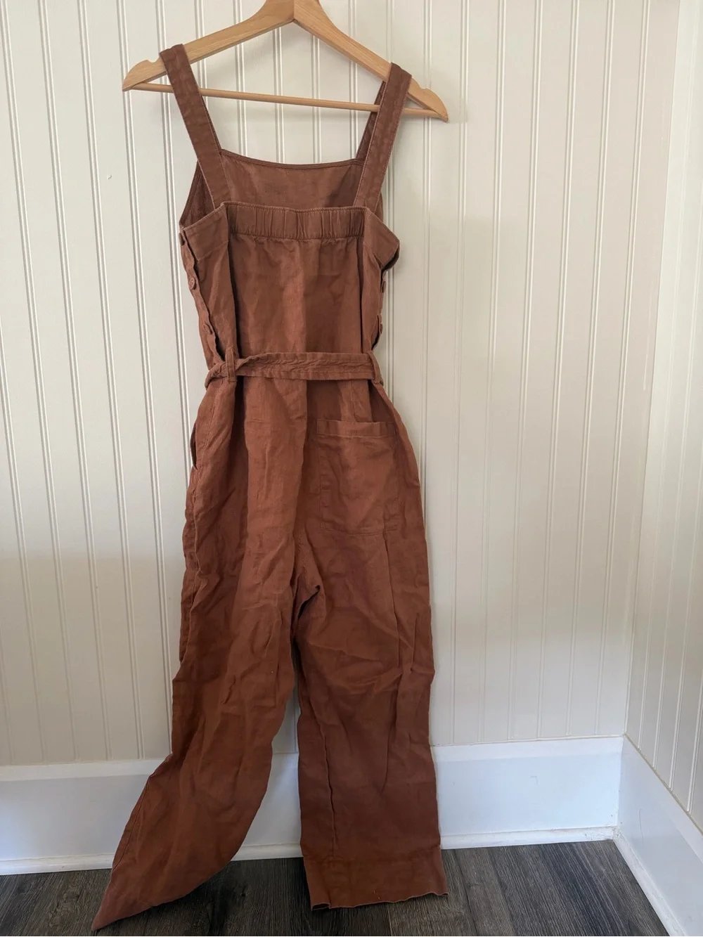 Everlane Linen Jumpsuit in Rust Brown with Tie Waist